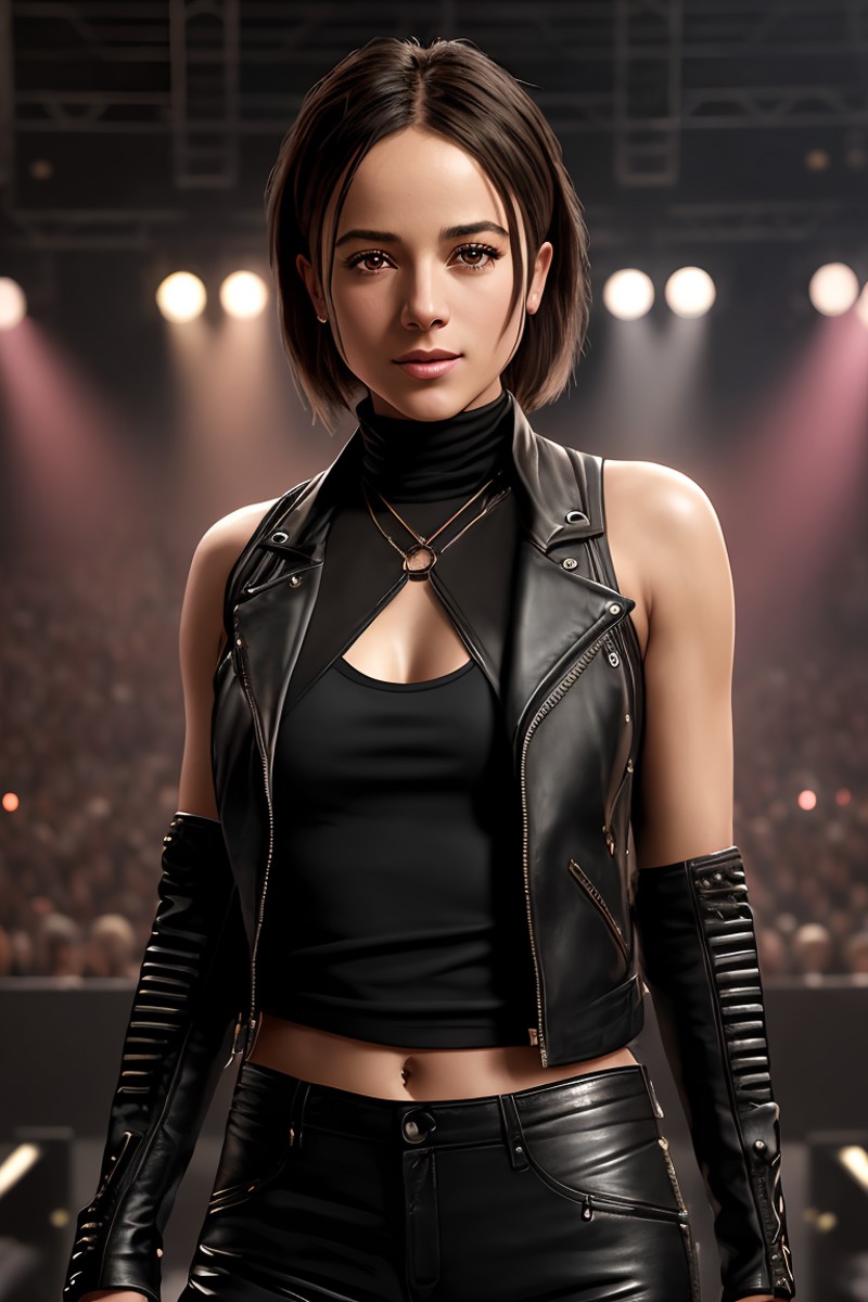 photo of (alizjacot:0.99), a woman (looking at viewer), as a rock singer, modelshoot style, (extremely detailed CG unity 8...